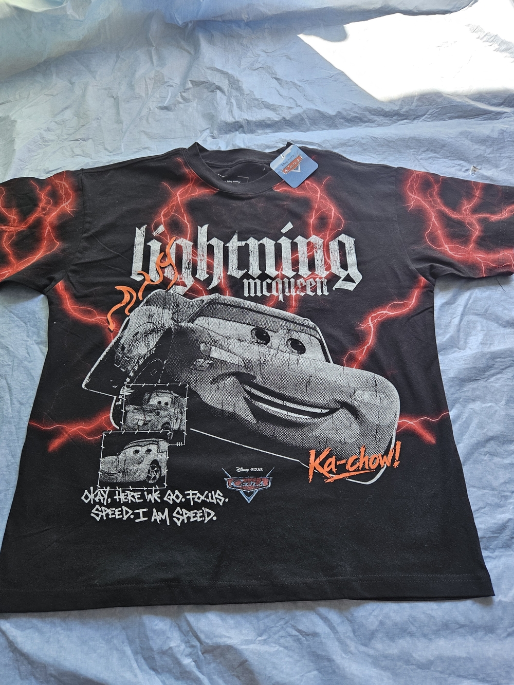 Disney Cars Lightning McQueen Black Adults Tee - Red Lightning Graphic